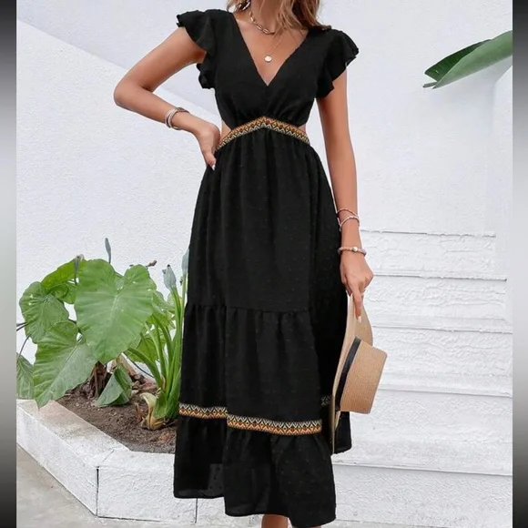 Boho Black Swiss Dot Plunge Neck Open Back Tie Backless Maxi Dress - Picture 6 of 7